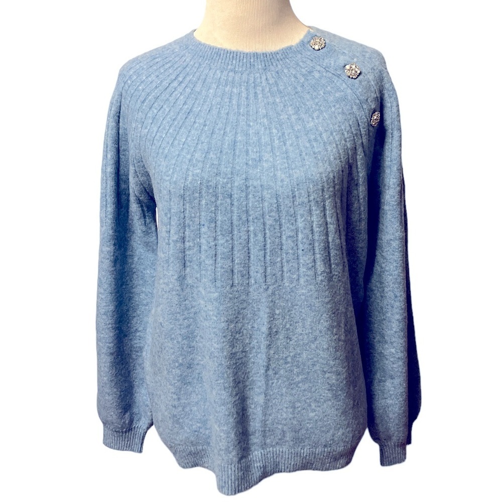 Loft light blue sweater with three sparkly crystal buttons, new without tags